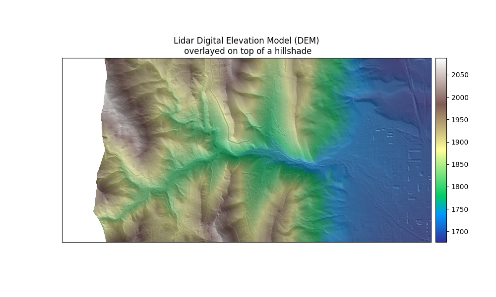 Lidar Digital Elevation Model (DEM)  overlayed on top of a hillshade